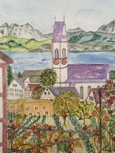 „Kirche Meilen (ZH)“ Aquarell 30x40 / PP 40x50 Nr 21