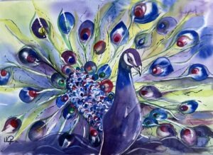 „Bunter Pfau“ Aquarell 35.5x51  / PP 50x70 91a