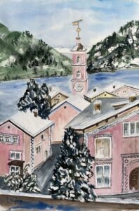 „Kirche Sils (GR)“ Aquarell 30.5x45.5 / PP 40x50 Nr 126b