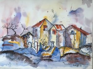 „Dorf in Umbrien“ Aquarell & Tusche 30x40 / PP 40x50 Nr37